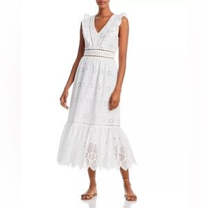 Aqua Bloomingdale’s Sleeveless Eyelet Embroidered Midi Dress Lined White XS NWT